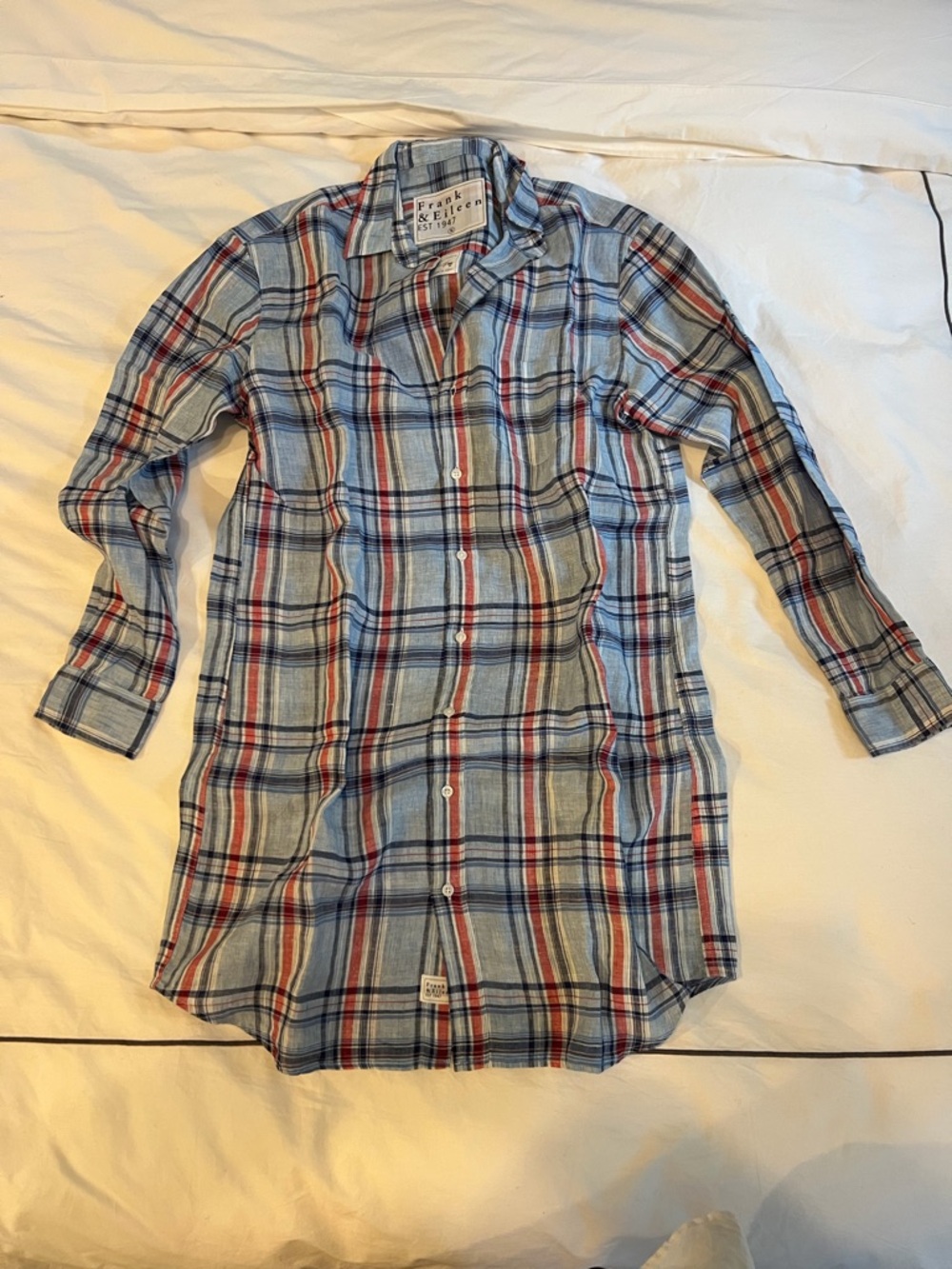 Frank & Eileen Mary Light Blue, Navy and Red Plaid Button-Down Linen Dress - Picture 3 of 6